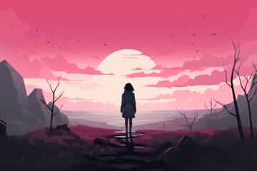 hopeful girl in pink landscape illustration - obrazy, fototapety, plakaty