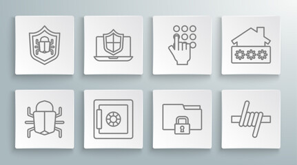Set line System bug, Laptop protected with shield, Safe, Folder and lock, Barbed wire, Password protection, House password and  icon. Vector