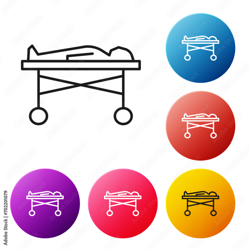 Canvas Prints Black line Dead body in the morgue icon isolated on white background. Set icons colorful circle buttons. Vector