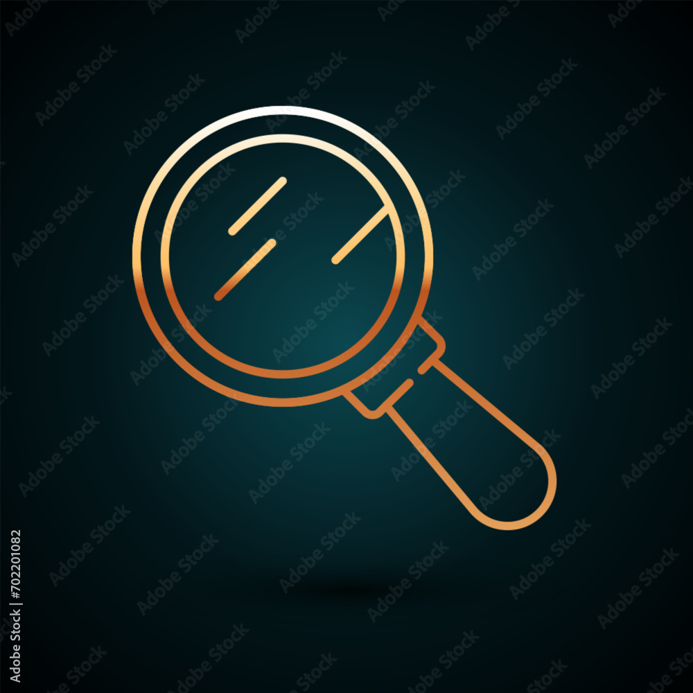 Sticker Gold line Magnifying glass icon isolated on dark blue background. Search, focus, zoom, business symbol.  Vector