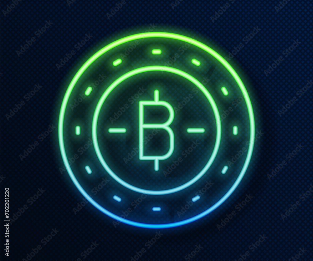 Poster glowing neon line cryptocurrency coin bitcoin icon isolated on blue background. physical bit coin. b