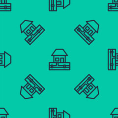 Blue line Water supply pipes and house icon isolated seamless pattern on green background.  Vector