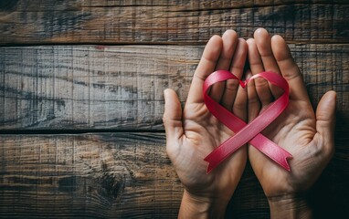 Hands forming a heart shape over a cancer awareness ribbon, expressing love and suppor. World Cancer Day