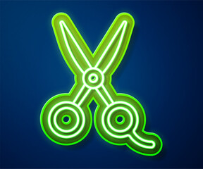 Glowing neon line Scissors hairdresser icon isolated on blue background. Hairdresser, fashion salon and barber sign. Barbershop symbol.  Vector