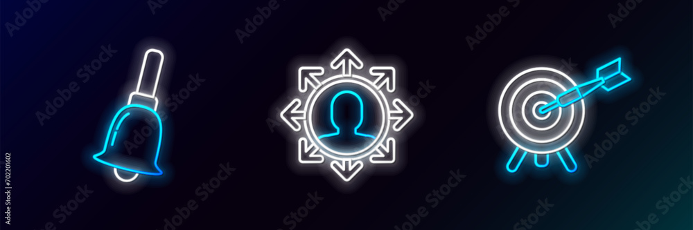 Aufkleber set line target with arrow, ringing bell and project team base icon. glowing neon. vector