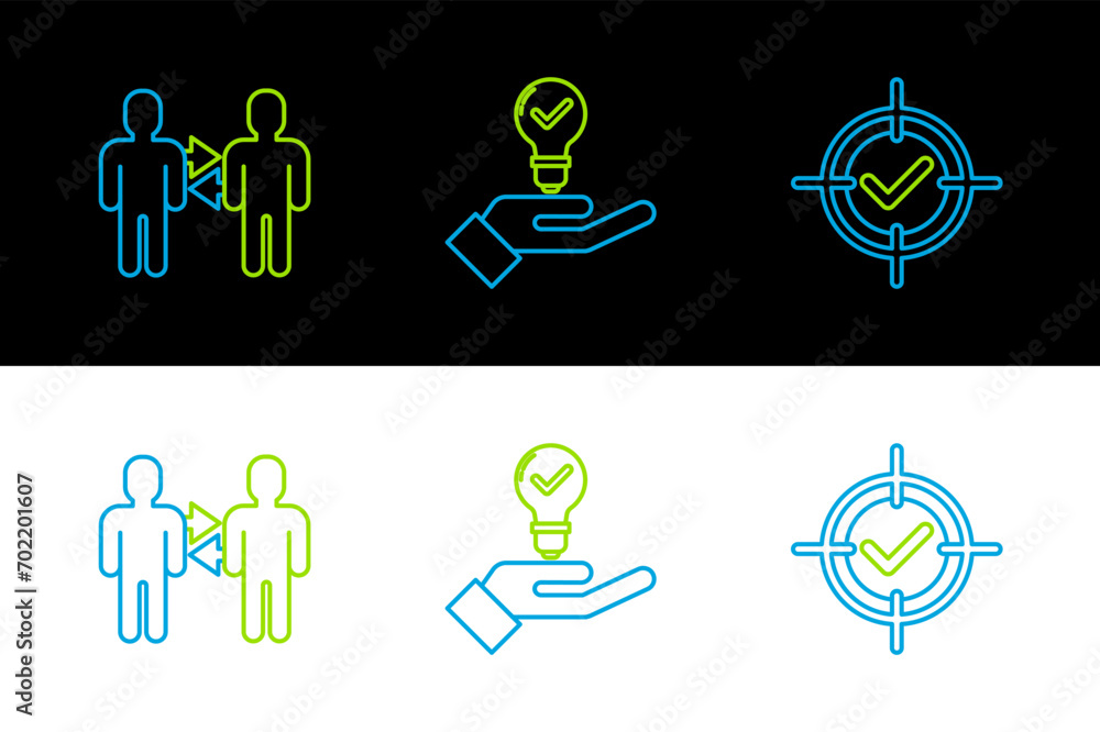 Poster set line target and check mark, project team base and light bulb in hand icon. vector