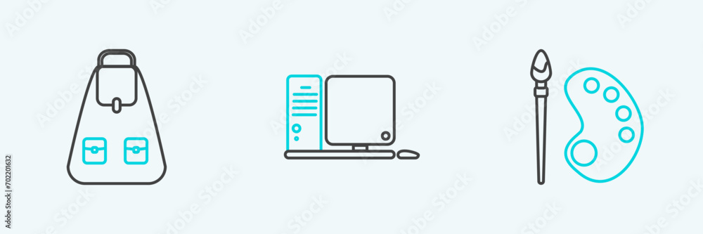 Poster set line paint brush with palette, school backpack and computer monitor keyboard and mouse icon. vec