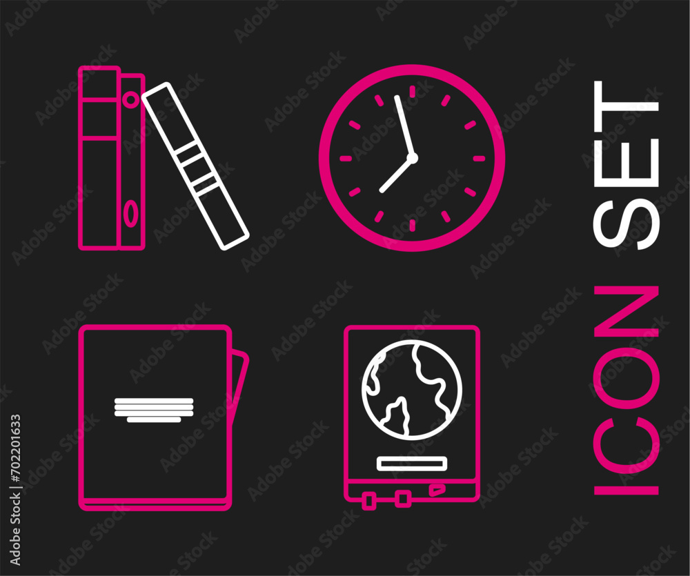 Poster set line world map on a school blackboard, notebook, clock and office folders with papers and docume