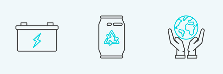 Set line Human hands holding Earth globe, Car battery and Can with recycle symbol can icon. Vector