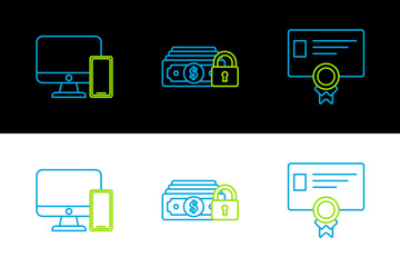 Set line Certificate template, Computer monitor and mobile phone and Money with lock icon. Vector