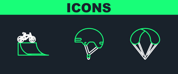 Fototapeta premium Set line Parachute, Bicycle on street ramp and Helmet icon. Vector