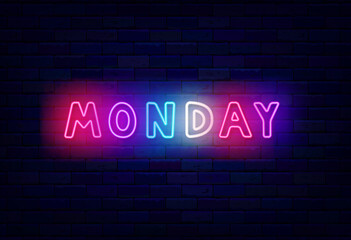 Fototapeta na wymiar Monday neon word. First day of week. Cyber Monday sale. Colorful handwritten text. Vector stock illustration