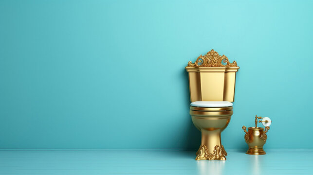 golden toilet bowl with gold crown on blue wall background