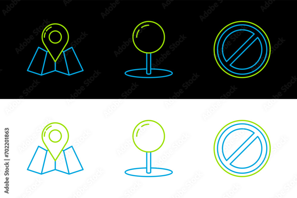 Poster set line stop sign, folded map with location marker and push pin icon. vector