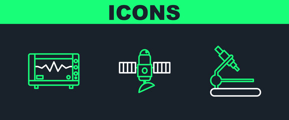 Set line Microscope, Computer monitor with cardiogram and Satellite icon. Vector