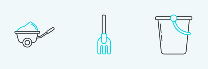 Set line Bucket, Wheelbarrow with dirt and Garden rake icon. Vector