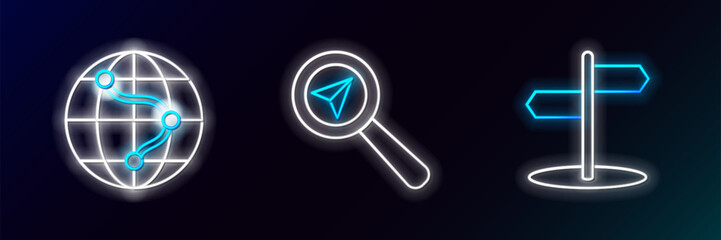 Set line Road traffic sign, Monitor and folded map with location and Search icon. Glowing neon. Vector