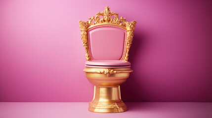 Golden toilet seat with golden crown on pink background.