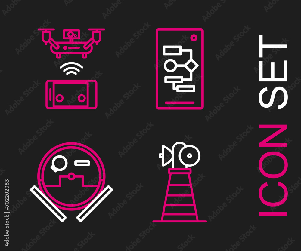 Poster set line antenna, robot vacuum cleaner, algorithm and remote aerial drone icon. vector
