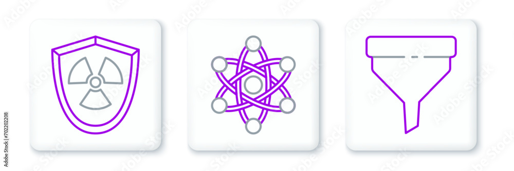 Poster set line funnel or filter, radioactive in shield and atom icon. vector