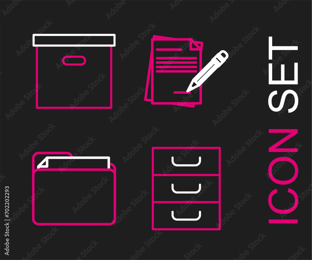 Aufkleber set line drawer with documents, document folder, blank notebook and pencil eraser and carton cardboa