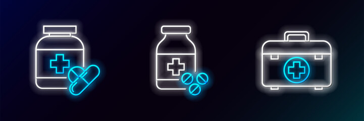 Set line First aid kit, Medicine bottle and pills and  icon. Glowing neon. Vector