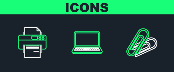 Set line Paper clip, Printer and Laptop icon. Vector