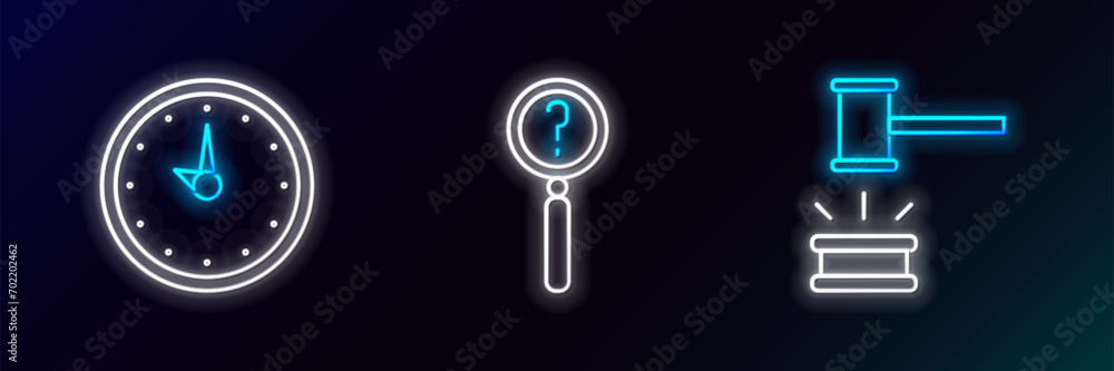 Poster set line judge gavel, clock and magnifying glass with search icon. glowing neon. vector