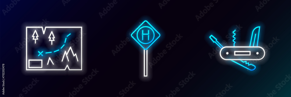 Poster set line swiss army knife, folded map with location and parking icon. glowing neon. vector