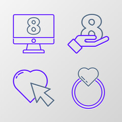 Set line Wedding rings, Heart and cursor click, 8 March on hand and monitore icon. Vector