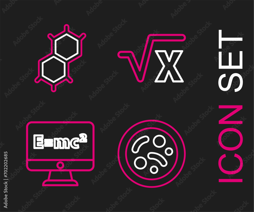 Sticker Set line Bacteria, Equation solution, Square root of x glyph and Chemical formula icon. Vector