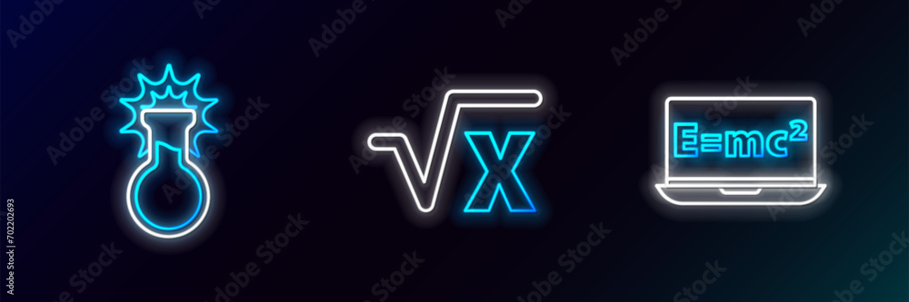Poster set line equation solution, test tube and flask and square root of x glyph icon. glowing neon. vecto