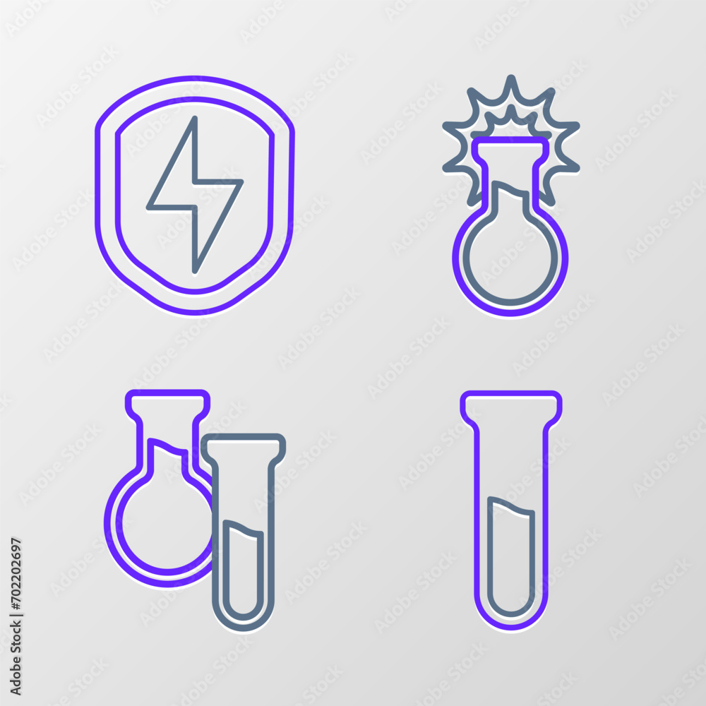 Aufkleber set line test tube and flask, and secure shield with lightning icon. vector