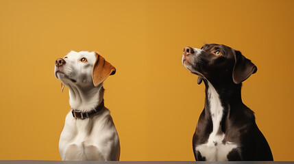 Two dogs looking up at each other on a yellow background. Studio shot.