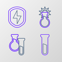 Set line Test tube and flask,  and Secure shield with lightning icon. Vector