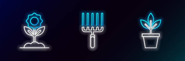 Set line Flowers in pot,  and Garden rake work icon. Glowing neon. Vector