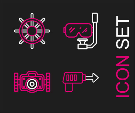 Set line Fishing harpoon, Photo camera, Diving mask and snorkel and Ship steering wheel icon. Vector