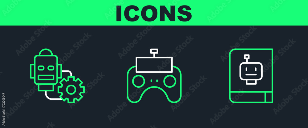 Poster set line user manual, robot setting and remote control icon. vector