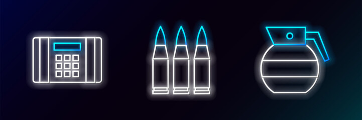 Set line Hand grenade, Dynamite bomb and Bullet icon. Glowing neon. Vector