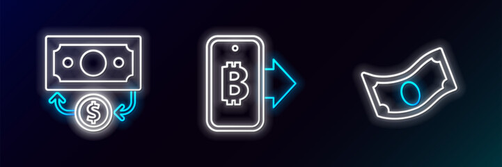 Set line Stacks paper money cash,  and Mining bitcoin from mobile icon. Glowing neon. Vector