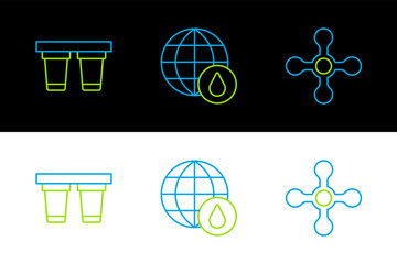 Set line Water tap, filter and Earth planet in water drop icon. Vector