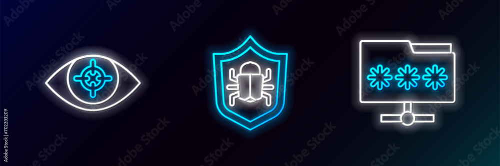 Poster set line folder with password, eye scan and system bug icon. glowing neon. vector