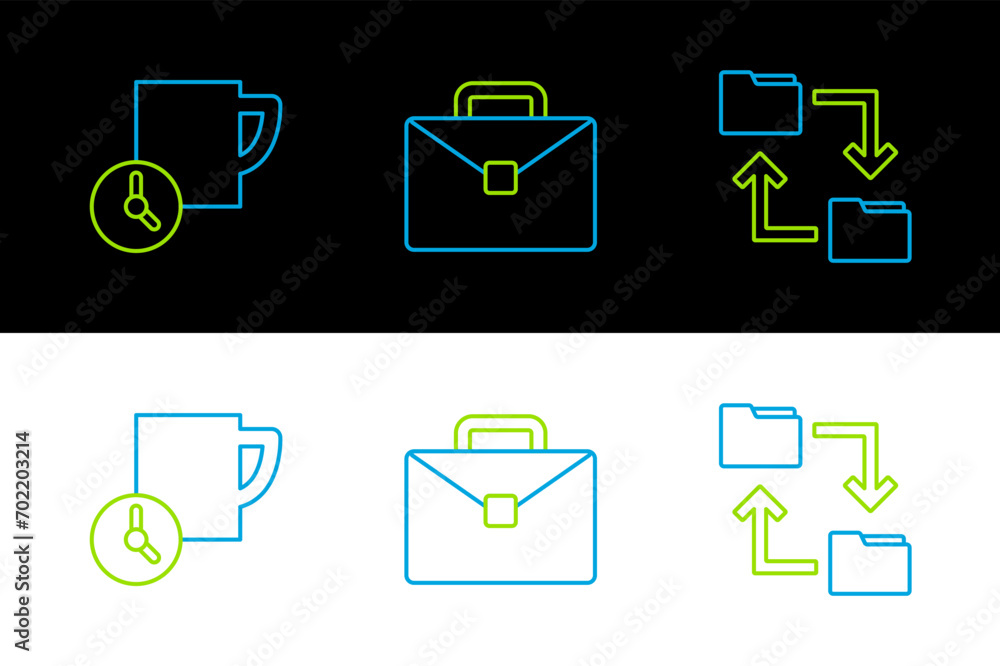 Poster set line cloud storage document folder, time management and briefcase icon. vector