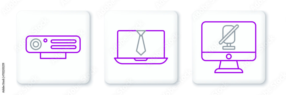 Aufkleber set line mute microphone on computer, web camera and video chat conference icon. vector