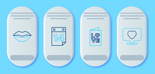 Set line Calendar with February 14, Valentines day party flyer, Smiling lips and Like and heart icon. Vector