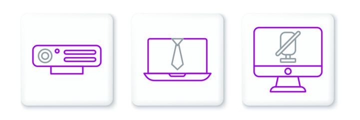 Set line Mute microphone on computer, Web camera and Video chat conference icon. Vector