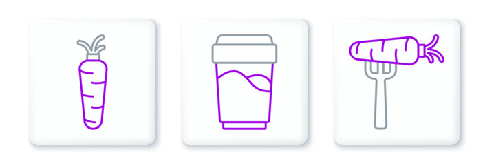 Set line Carrot on fork,  and Glass with water icon. Vector