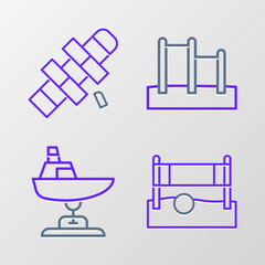 Set line Volleyball net with ball, Swing boat, Horizontal bar and Hopscotch icon. Vector