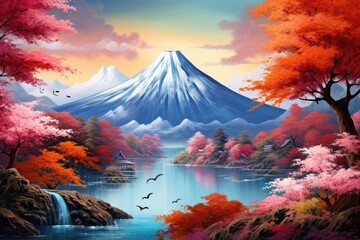 Vulcano Japan nature mountain with autumn leaves and mountain lake in spring. Generative Ai. - obrazy, fototapety, plakaty