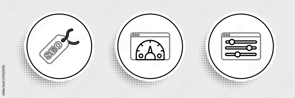 Poster set line browser setting, seo optimization and website statistic icon. vector